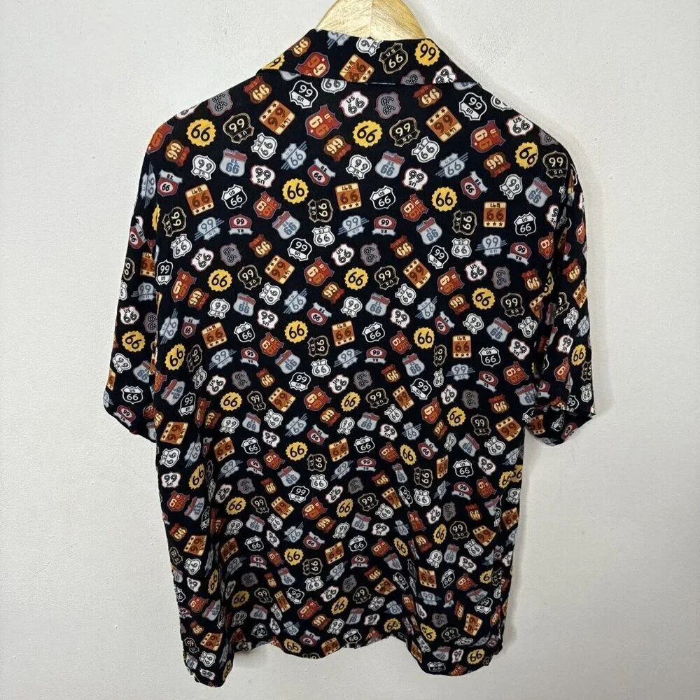Disney Parks Route 66 All Over Print‎ 100% Rayon Mens M Hawaiian Camp Shirt